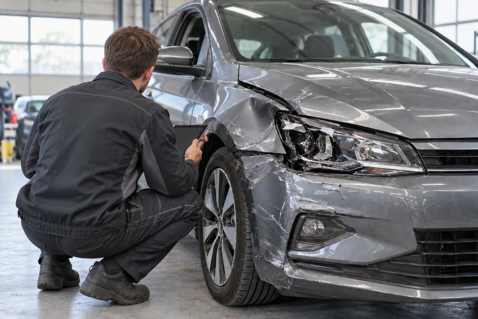 Monteur beoordeelt autoschade met een tablet